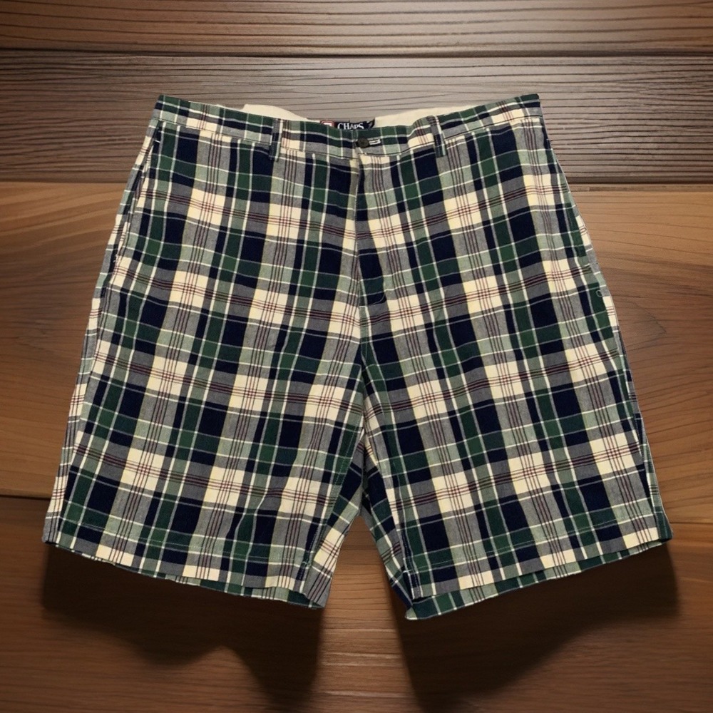 Chaps Bermuda Shorts Men's 38 X 10 Plaid Blue Green Maroon 100% Cotton‎ Casual